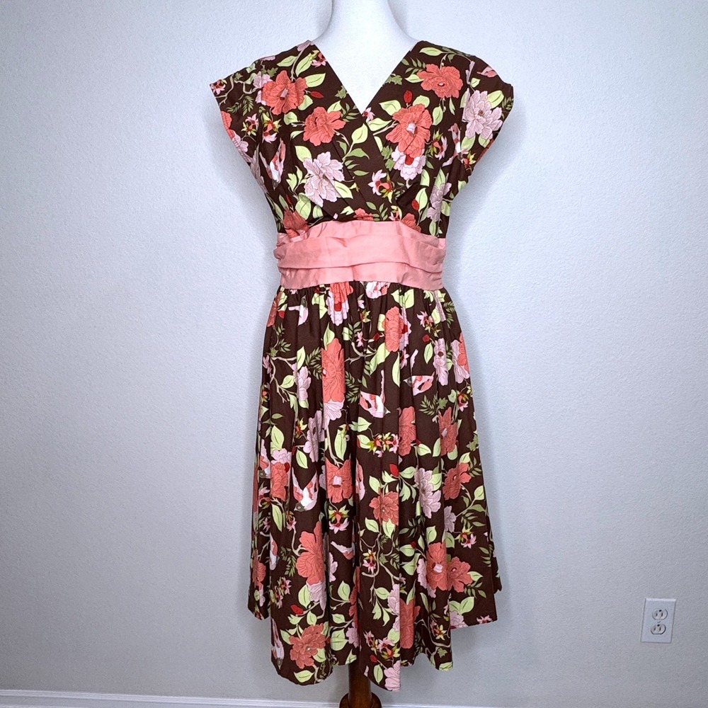 FOLTER Greta Rockabilly Midi Dress XL Fit & Flare Brown Bird Floral Retro Pin-Up
